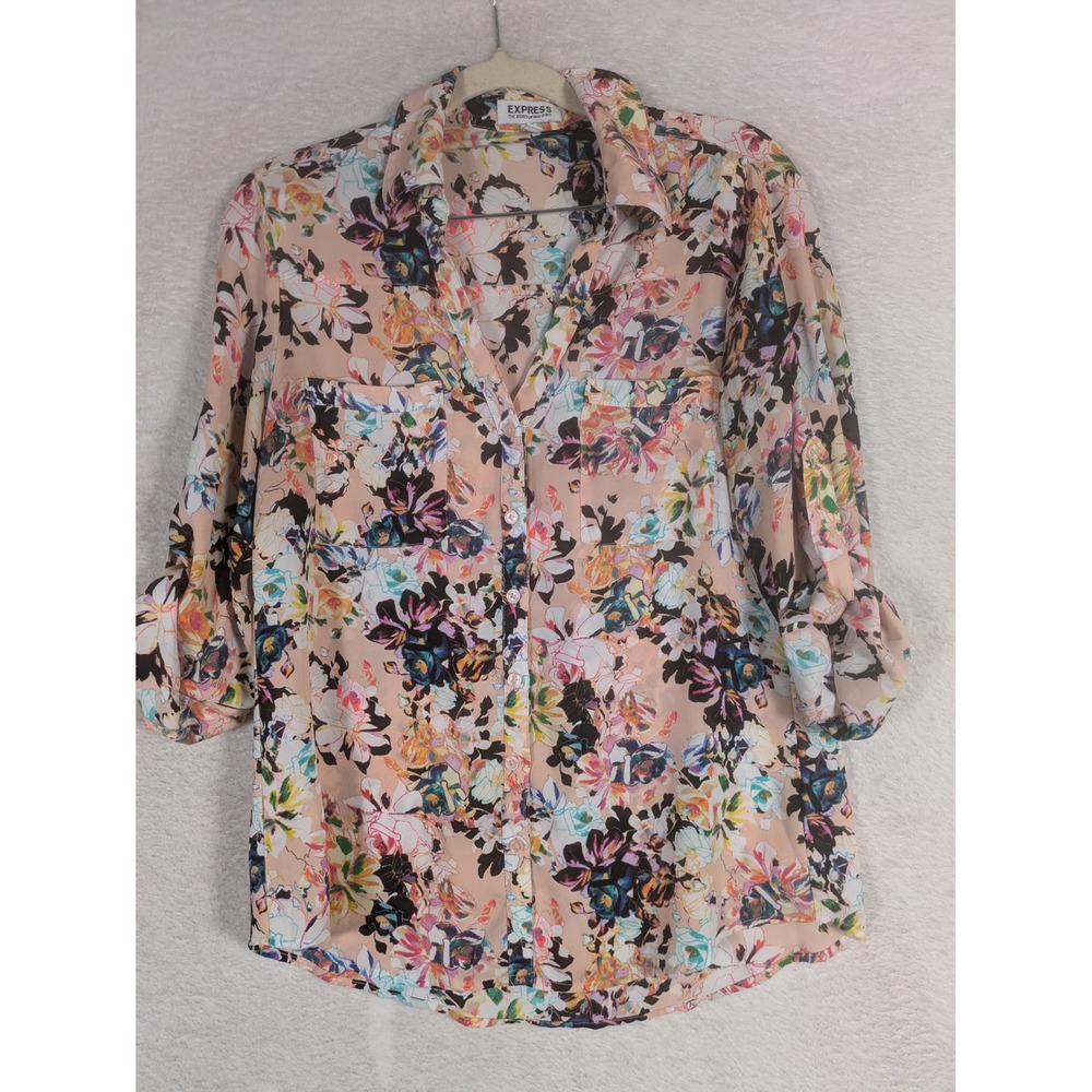 Express The Portofino Shirt Women's Small Peach Floral Button Up Roll Tab Sleeve